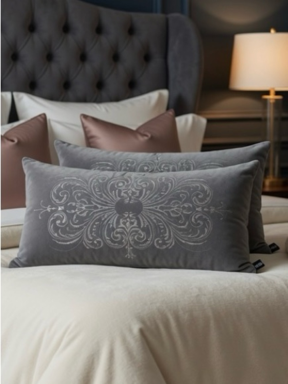 Embroidered Velvet Lumbar Pillows Pair in Gray by Rodeo Home